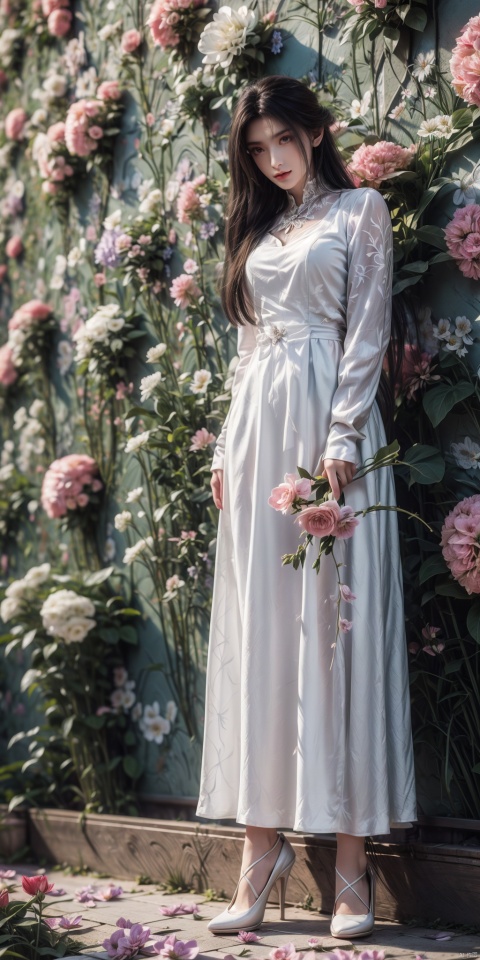  1 girl, single, long hair, forehead print, long sleeves, (white dress: 1.3), shoes, (waist), ancient beauty, (whole body: 1.2), standing, shooting from below, (hand details), (flower wall: 1.5), flowers.