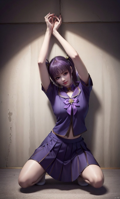 A girl, solo, whole body, (purple hair: 1.2), purple bangs, purple pupils, (double ponytails), sailor suit, stockings, pleated skirt, kneeling, indoor, clean, (whole body: 1.2), shot from below.