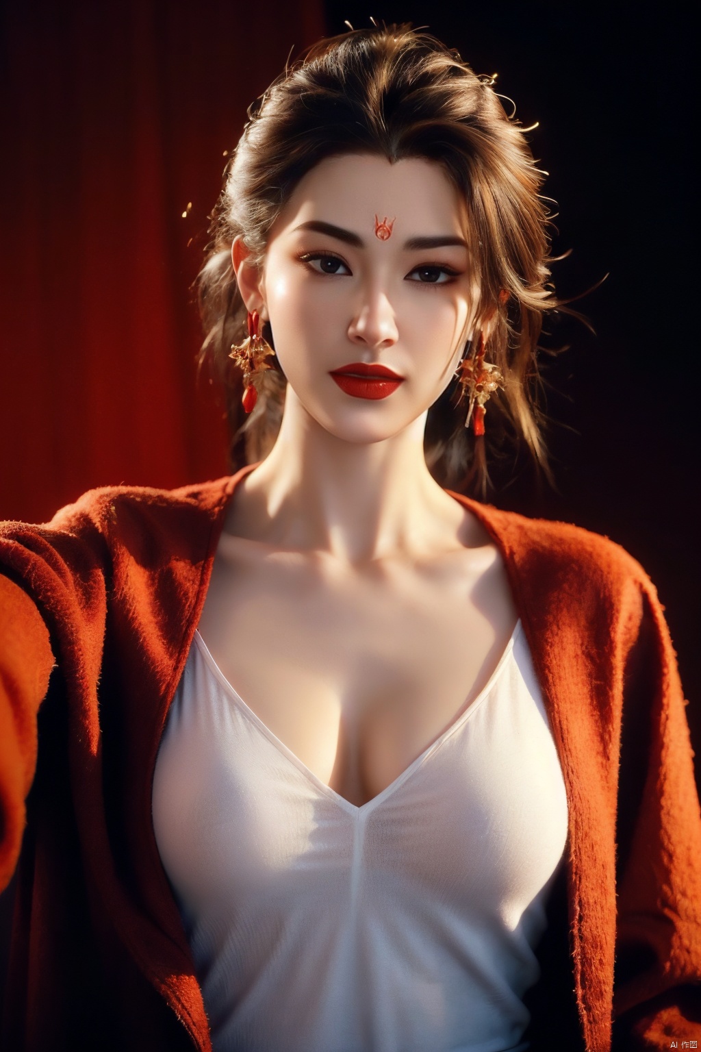  Girl, red wool coat, pretty face, short hair, blonde hair, (photo reality: 1.3) , Edge lighting, (high detail skin: 1.2) , 8K Ultra HD, high quality, high resolution, best ratio of four fingers and one thumb, (photo reality: 1.3) , wearing a red coat, white shirt inside, large breasts, solid color background, solid red background, advanced feeling, texture pull full, 1 girl, xiqing, hszt, xiaxue, dongji