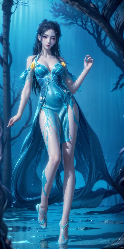  Best quality, masterpiece, 1 girl, (translucent dress: 1.2), standing, (whole body: 1.2), stockings, (high heels: 1.2), (wet body: 1.5), (underwater world: 1.5), underwater world, water plants.