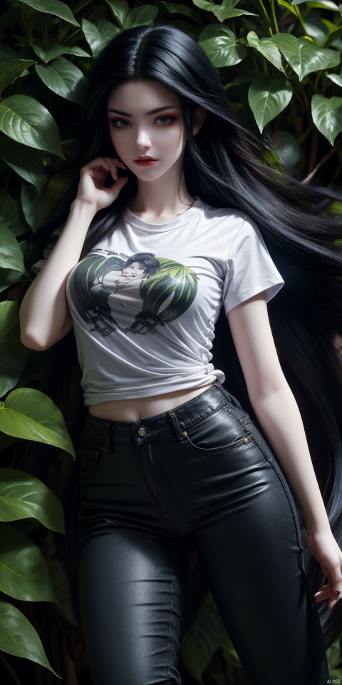 1girl, alone, (masterpiece, best quality), long black hair, whole body, fashionable T-shirt, tight trousers, sneakers, (lying in the jungle: 1.2), leaves, fallen leaves, virgin forest, (people focus: 1.5), shot from the top.