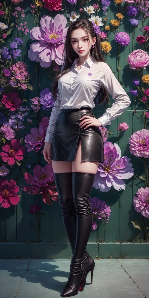 1 girl, single, with long hair, forehead print, earrings, long sleeves, (professional shirt: 1.5), high heels, meat stockings, (hip-wrapped leather skirt: 1.5), (whole body: 1.2), standing, shooting from below, (hand details), (flower wall: 1.5)