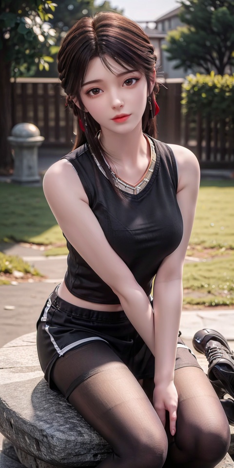  Best quality, masterpiece, 1 girl, (sitting on a stone: 1.2), (whole body: 1.2), (black sleeveless T-shirt: 1.5), black pleated skirt, (pantyhose: 1.2), sports shoes, night, moonlight, stars and moon.