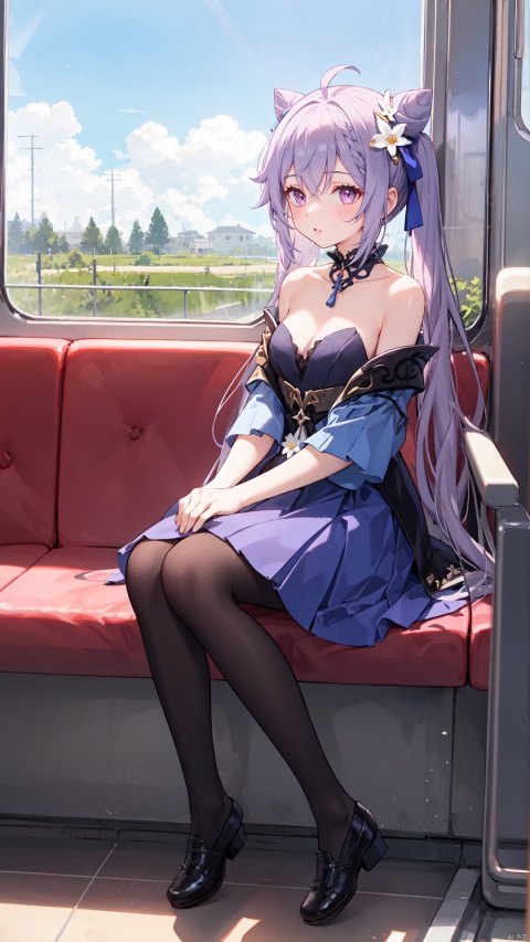  best quality,loli,(1girl,solo),long hair,( hair ribbon:0.8), hanfu dress,sundress,(sitting,looking out of window),((on the train, train windows,indoors)),trees,plain,clouds,(from side,full body,wide shot, mid shot), white pantyhose,(ahoge),((slit pupils)), keqingdef, ru_qun,1girl, cat, keqing (genshin impact), pantyhose, sitting, train interior, black pantyhose, long hair, ahoge, cone hair bun, hair bun, purple hair, twintails, shoes, black footwear, bare shoulders, hair ornament, bangs, solo, purple eyes, dress, full body, off shoulder, long sleeves, breasts, animal, double bun, purple dress, blush, choker, flower, hair between eyes, day, hair flower, white cat, parted lips, strapless dress, animal on lap, strapless, cleavage, skirt, looking at viewer, on lap, sidelocks, very long hair