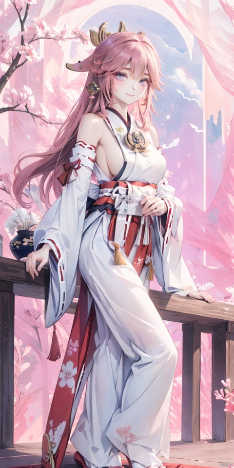  masterpiece, best quality, ,1girl,yae miko, pinke hair,long hair,hair ornament, earrings, purple eyes,bare shoulders, detached sleeves,wide sleeves, jewelry,sideboob,japanese clothes, purple background, smile, yae miko,anime, fantasy, magic, fairytale, a photo of a very sexy young woman, ,(((seductive eyes))), nikon d850,anatomically correct, smooth,, Thunder magic, Anime, seductive eyes, yae miko,shenzi,Safety pants, kyoushitsu