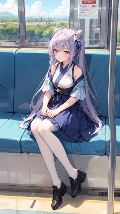  best quality,loli,(1girl,solo),long hair,( hair ribbon:0.8), hanfu dress,sundress,(sitting,looking out of window),((on the train, train windows,indoors)),trees,plain,clouds,(from side,full body,wide shot, mid shot), white pantyhose,(ahoge),((slit pupils)), keqingdef, ru_qun