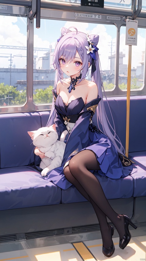  best quality,loli,(1girl,solo),long hair,( hair ribbon:0.8), hanfu dress,sundress,(sitting,looking out of window),((on the train, train windows,indoors)),trees,plain,clouds,(from side,full body,wide shot, mid shot), white pantyhose,(ahoge),((slit pupils)), keqingdef, ru_qun,1girl, cat, keqing (genshin impact), pantyhose, sitting, train interior, black pantyhose, long hair, ahoge, cone hair bun, hair bun, purple hair, twintails, shoes, black footwear, bare shoulders, hair ornament, bangs, solo, purple eyes, dress, full body, off shoulder, long sleeves, breasts, animal, double bun, purple dress, blush, choker, flower, hair between eyes, day, hair flower, white cat, parted lips, strapless dress, animal on lap, strapless, cleavage, skirt, looking at viewer, on lap, sidelocks, very long hair