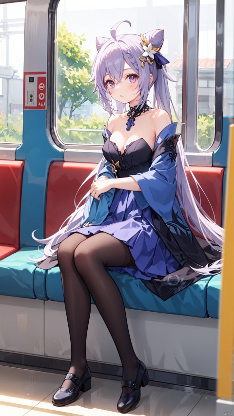  best quality,loli,(1girl,solo),long hair,( hair ribbon:0.8), hanfu dress,sundress,(sitting,looking out of window),((on the train, train windows,indoors)),trees,plain,clouds,(from side,full body,wide shot, mid shot), white pantyhose,(ahoge),((slit pupils)), keqingdef, ru_qun,1girl, cat, keqing (genshin impact), pantyhose, sitting, train interior, black pantyhose, long hair, ahoge, cone hair bun, hair bun, purple hair, twintails, shoes, black footwear, bare shoulders, hair ornament, bangs, solo, purple eyes, dress, full body, off shoulder, long sleeves, breasts, animal, double bun, purple dress, blush, choker, flower, hair between eyes, day, hair flower, white cat, parted lips, strapless dress, animal on lap, strapless, cleavage, skirt, looking at viewer, on lap, sidelocks, very long hair