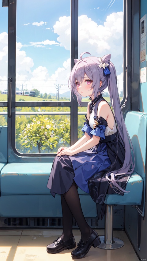  best quality,loli,(1girl,solo),long hair,( hair ribbon:0.8), hanfu dress,sundress,(sitting,looking out of window),((on the train, train windows,indoors)),trees,plain,clouds,(from side,full body,wide shot, mid shot), white pantyhose,(ahoge),((slit pupils)), keqingdef, ru_qun