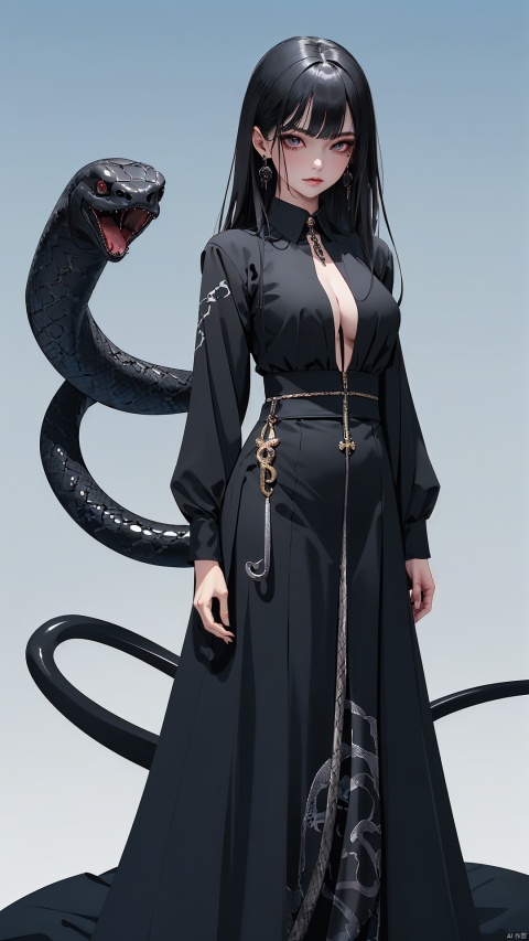 Black theme, highres, masterpiece, highest quality, best quality, official art, (1 girl and a black snake), standing, long messy hair, collared dress, (with a black snake around her body) (with a big black snake on her body) depth of field, snake lady,