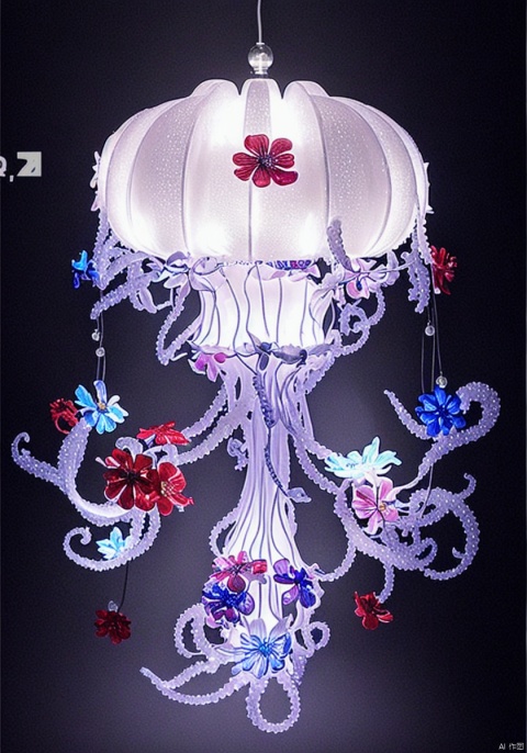 Design Jellyfish Shaped Table Lamp, Floral Element Auxiliary, Red & Blue Color Scheme, Studio Lighting, High Detail, White Background, 3D Background, 3D