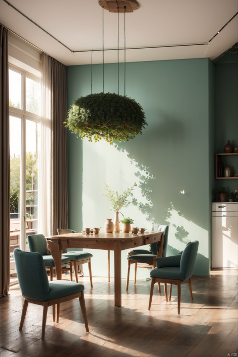 AgainRealistic_v2.0, no humans, scenery, table, chair, indoors, window, shadow, plant, ceiling light, lamp, bug, sunlight, tree, vase, potted plant, curtains, day, flower pot, hanging light, light, shade, butterfly, AgainRealistic_v2.0