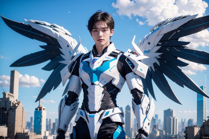  1boy,concept artwork,black hair,(a lonely solo boy:1.4),sky,wing,wings with fans,graphics card fan,strong male mecha warrior,mighty and domineering,cool mecha,32k,blue and white color scheme,white armor,white_background,standing,cowboy_shot,