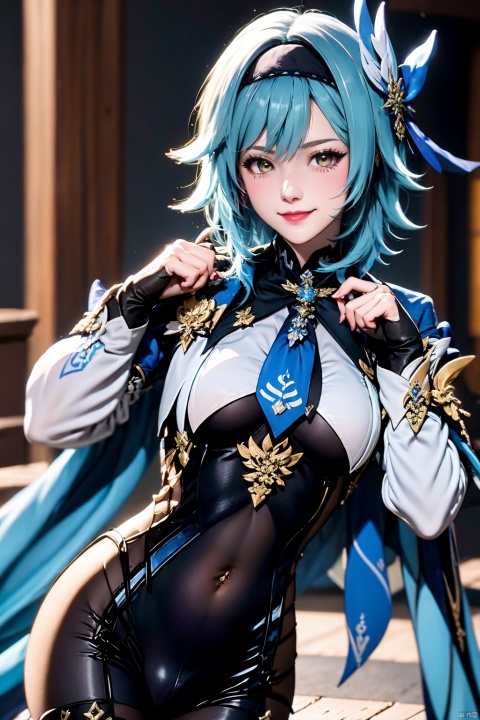 1girl, solo, eula \(genshin impact\), thighhighs, covered navel, blue hair, blue necktie, hairband, necktie, looking at viewer, black hairband, blurry background, black thighhighs, breasts, leotard, hair ornament, long sleeves, lips, blurry, blue cape, cape, medium hair, black leotard, skindentation, smile, paw pose, 