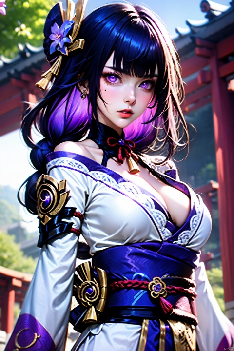 1girl, raiden shogun \(genshin impact\), solo, breasts, purple eyes, japanese clothes, purple hair, looking at viewer, kimono, hair ornament, cleavage, long hair, braid, sash, parted lips, shoulder armor, purple kimono, obi, flower, mole, lips, upper body, bridal gauntlets, outdoors, braided ponytail, long sleeves, armor, blurry, mole under eye, makeup, hair flower, ribbon, large breasts, torii, purple flower, obiage, east asian architecture, obijime, off shoulder, wide sleeves, day, eyelashes, very long hair, shrug \(clothing\), red ribbon, vision \(genshin impact\), tomoe \(symbol\), light particles, neck ribbon, blunt bangs, fingernails, purple nails