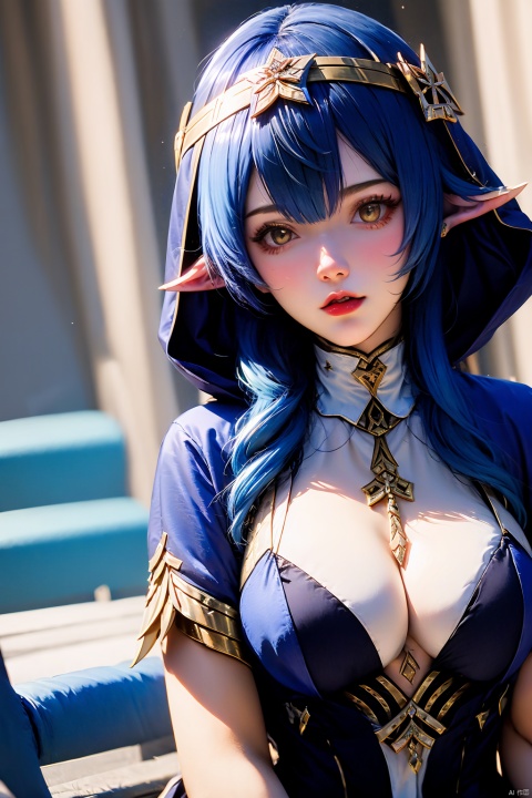 1girl, solo, layla \(genshin impact\), breasts, long hair, blue hair, pointy ears, blue hood, looking at viewer,