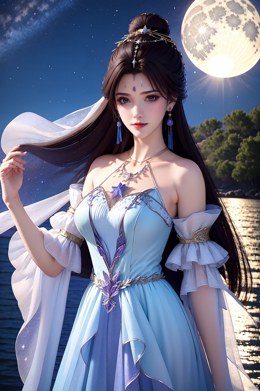 1girl, solo, moon, night, long hair, sky, dress, star \(sky\), earrings, jewelry, forehead mark, white dress, night sky, hair bun, facial mark, bare shoulders, black hair, full moon, brown hair, upper body, water, starry sky, hair ornament, looking at viewer, breasts, closed mouth, outdoors, single hair bun, detached sleeves, star \(symbol\)

