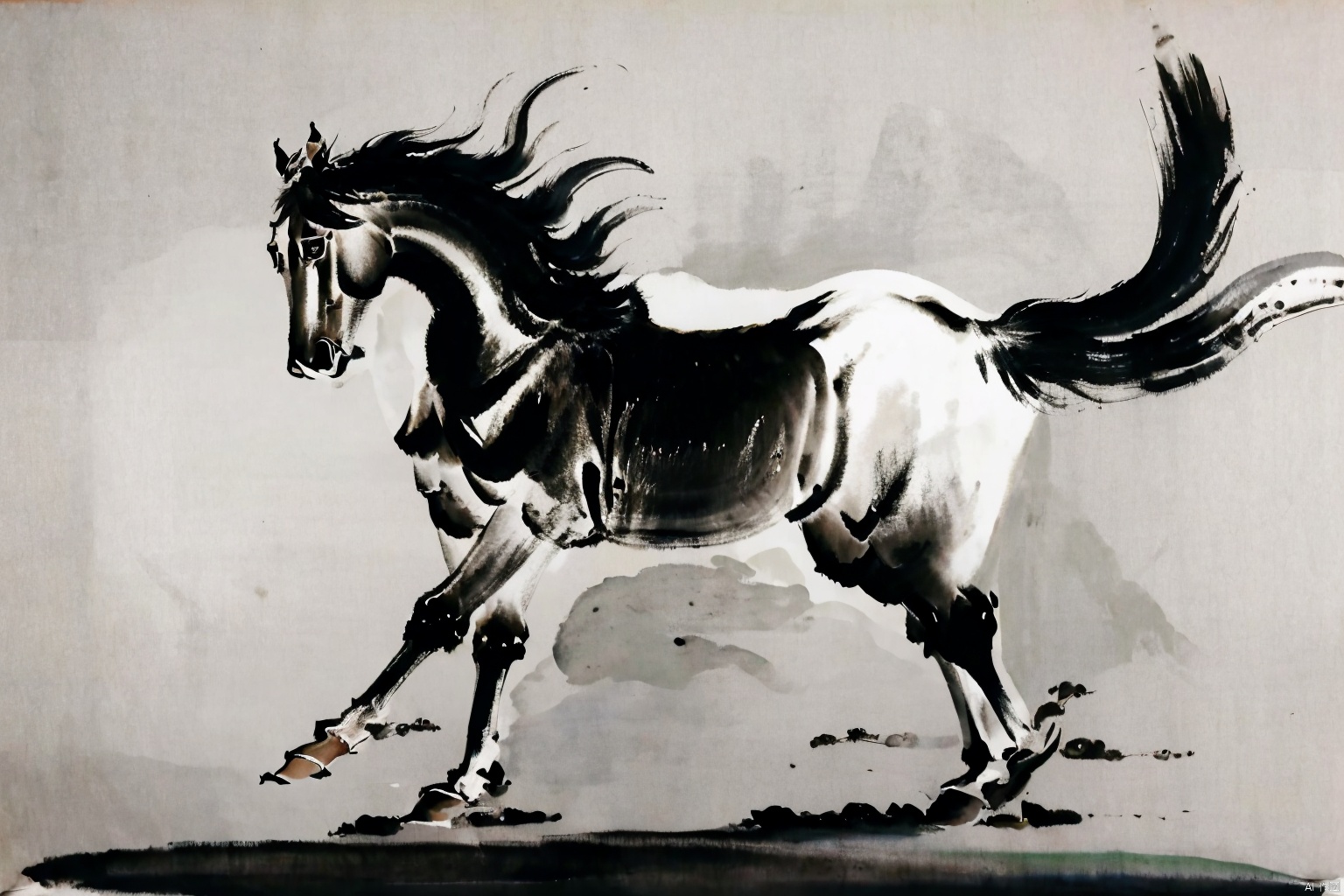 AgainChineseInkPainting, (greyscale:1.2), (monochrome:1.2), (chinese ink painting:1.2), horse, traditional media, horseback riding, no humans, solo, 1boy, simple background, standing, black ink, from side, full body, white background, tail,