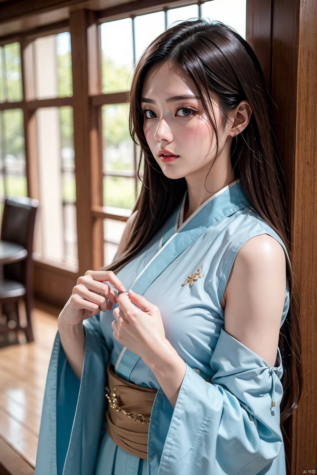  (masterpiece, top quality, best quality,aesthetics:1.2),ultra-detailed,1 girl,long hair,blue hanfu,