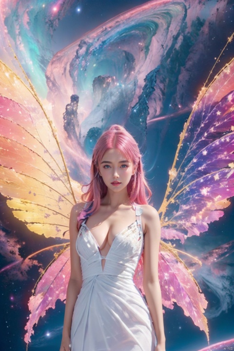 1girl, wings, solo, nebula wings, breasts, (pink hair:1.2), long hair, navel, white dress, pink wings, looking at viewer, star \(sky\), medium breasts, cleavage, bare shoulders, sky, starry sky, collarbone, realistic, nebula,