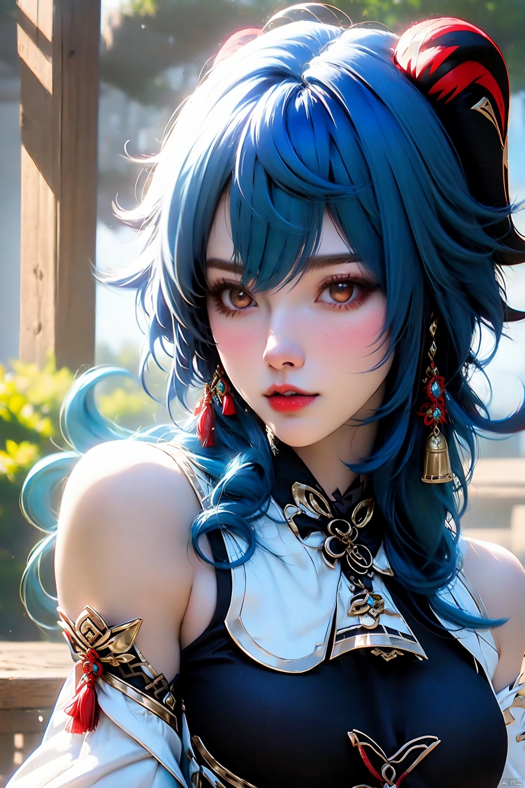 1girl, solo, ganyu \(genshin impact\), long hair, breasts, detached sleeves, blue hair, bell, horns, bare shoulders, gloves, vision \(genshin impact\), jewelry, earrings, looking at viewer, goat horns, parted lips, lips, cowbell,  tassel, portrait,