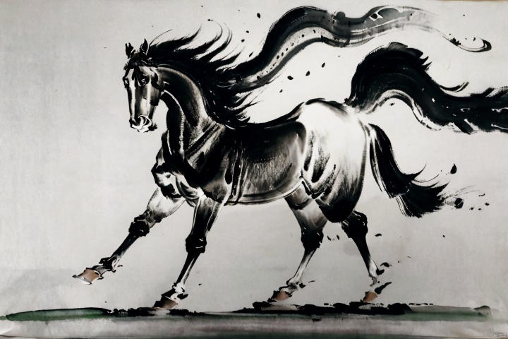 AgainChineseInkPainting, (greyscale:1.2), (monochrome:1.2), (chinese ink painting:1.2), horse, traditional media, horseback riding, no humans, solo, 1boy, simple background, standing, black ink, from side, full body, white background, tail,