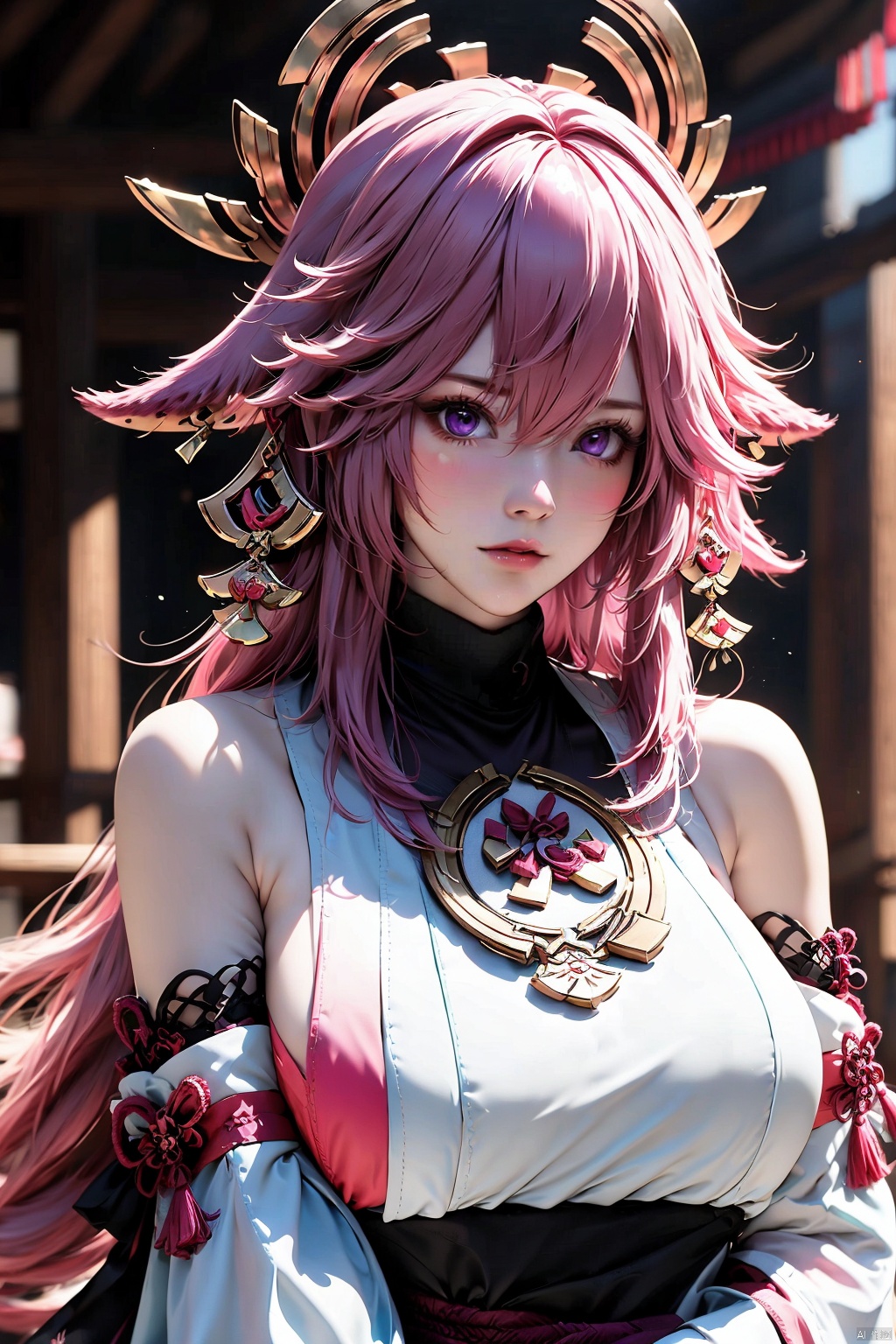 1girl, solo, yae miko, pink hair, purple eyes, breasts, looking at viewer, animal ears, long hair, bare shoulders, detached sleeves, large breasts, fox ears, hair between eyes, upper body, hair ornament, jewelry, lips, japanese clothes, blurry background, blurry, parted lips, wide sleeves, earrings, shirt, sleeveless, white shirt, sleeveless shirt, nontraditional miko, blush, long sleeves, turtleneck, sidelocks, sideboob, closed mouth, floppy ears