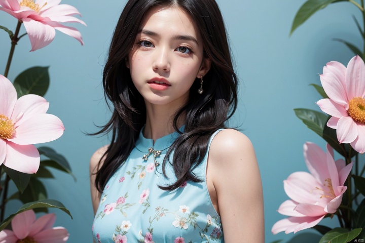 1girl, solo, dress, black hair, flower, aqua dress, blue dress, looking at viewer, floral background, sleeveless, realistic, parted lips, sleeveless dress 