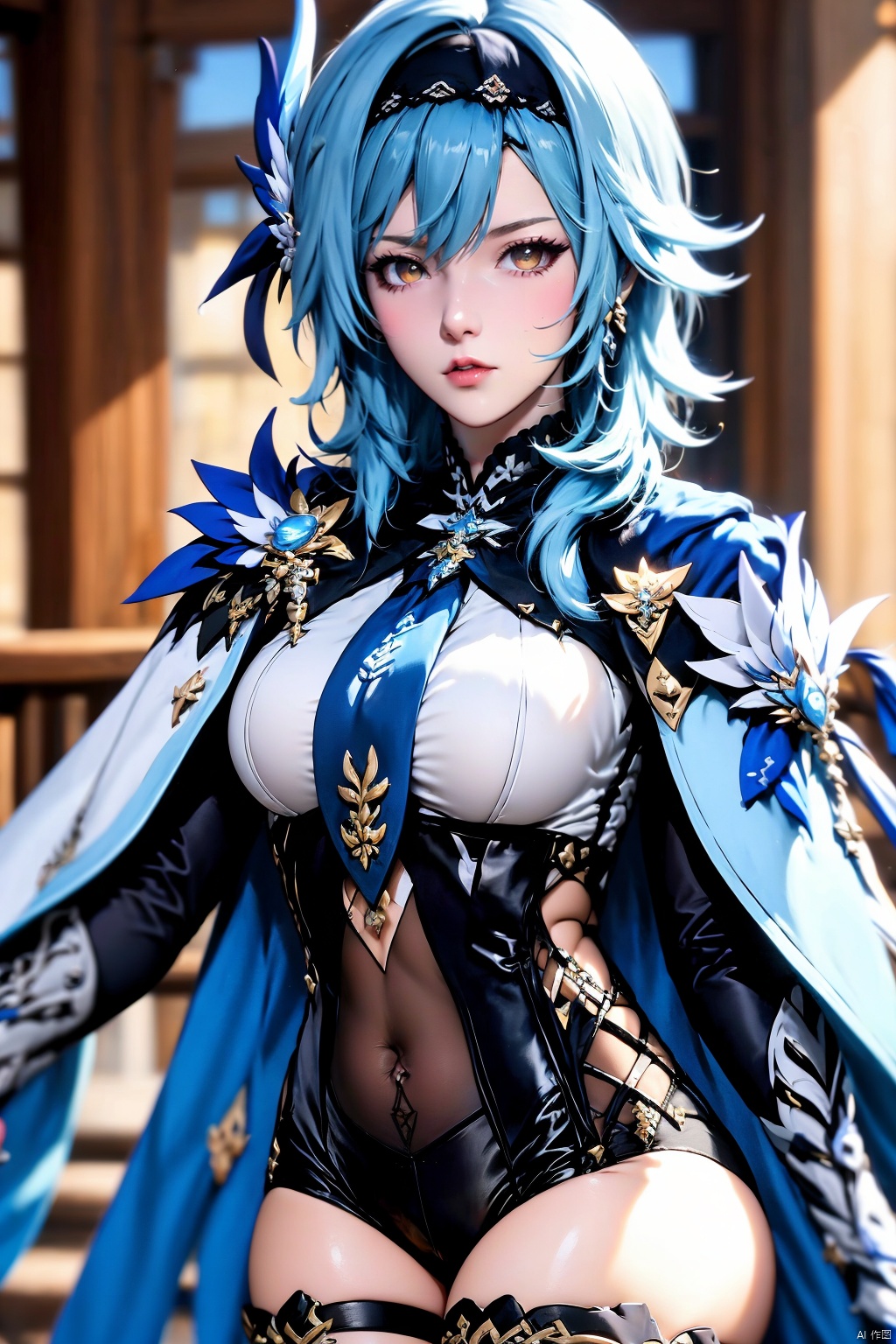 1girl, solo, eula \(genshin impact\), thighhighs, covered navel, blue hair, blue necktie, hairband, necktie, looking at viewer, black hairband, blurry background, black thighhighs, breasts, leotard, hair ornament, long sleeves, lips, blurry, blue cape, cape, medium hair, 