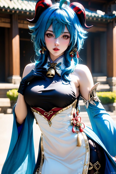 1girl, solo, ganyu \(genshin impact\), long hair, breasts, detached sleeves, blue hair, bell, horns, bare shoulders, gloves, vision \(genshin impact\), jewelry, earrings, looking at viewer, ahoge, black gloves, large breasts, bodystocking, parted lips, cowbell, tassel, lips, outdoors, goat horns, neck bell, cowboy shot, blurry, brown eyes, east asian architecture,
