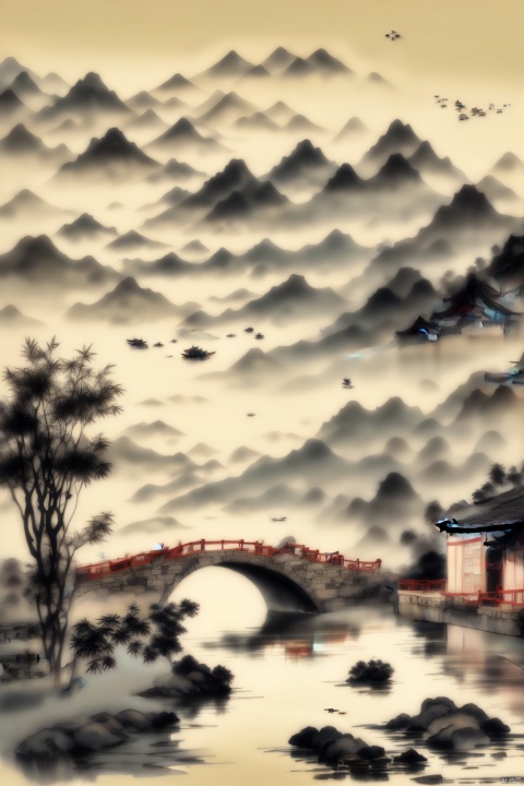 AgainChineseInkPainting, greyscale, monochrome, no humans, scenery, outdoors, tree, mountain, bird, bridge, river, lake, chinese ink painting, nature, water, cloud, sky, fog, forest, east asian architecture, landscape, architecture, traditional media, mountainous horizon, building