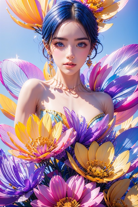 AgainRealistic_v2.0, 1girl, flower, solo, purple flower, yellow flower, dress, parted lips, black hair, looking at viewer, jewelry, earrings, bare shoulders, realistic, breasts, tulip, strapless, upper body, lips, strapless dress, white flower, blue hair, purple sky, blue flower, purple background, pink flower, orange flower, blue eyes, short hair, gem, collarbone, sky