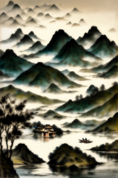 AgainChineseInkPainting, greyscale, monochrome, no humans, scenery, outdoors, tree, mountain, bird, bridge, river, lake, chinese ink painting, nature, water, cloud, sky, fog, forest, east asian architecture, landscape, architecture, traditional media, mountainous horizon, building