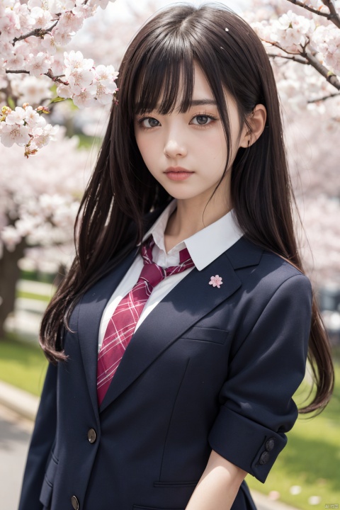  cherry_blossoms, falling_petals, solo,1girl,upper body, looking at viewer, school uniform,