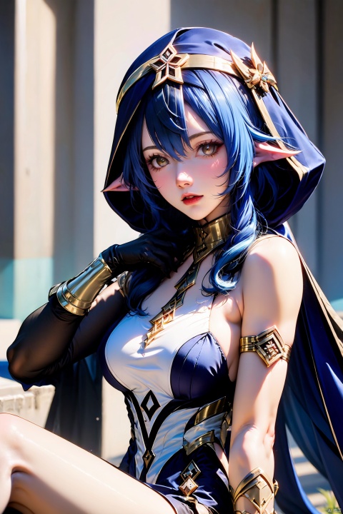 1girl, solo, layla \(genshin impact\), claw ring, breasts, gloves, long hair, blue hair, black gloves, pointy ears, blue hood, looking at viewer, sidelocks, sitting, thighlet, bare shoulders,
