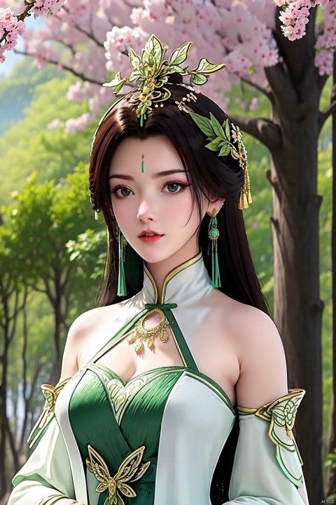 1girl, solo, long hair, upper body, dress, clothing cutout, earrings, hair ornament, black hair, jewelry, facial mark, forehead mark, white dress, forest, bare shoulders, breasts, parted lips, long sleeves, brown hair, tree, cleavage cutout, expressionless, chinese clothes, blurry background, nature, detached sleeves, green dress, looking at viewer
