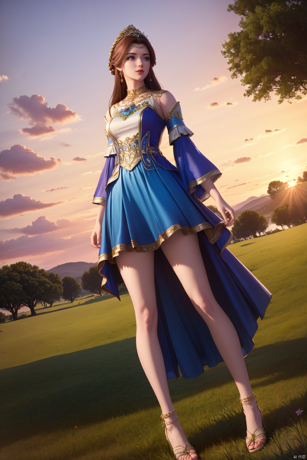 1girl, solo, long hair, dress, brown hair, sky, hair ornament, bare legs, full body, white dress, sunset, high heels, jewelry, bare shoulders, outdoors, dutch angle, grass, cloud, closed mouth, detached sleeves, sandals, tree, thighlet, white footwear, legs, dusk, blue dress, standing, expressionless, bush, skirt, blue eyes, anklet, twilight, looking to the side, tiara, mountain, breasts, earrings
