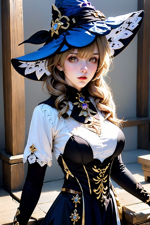 1girl, lisa \(genshin impact\), solo, breasts, witch hat,