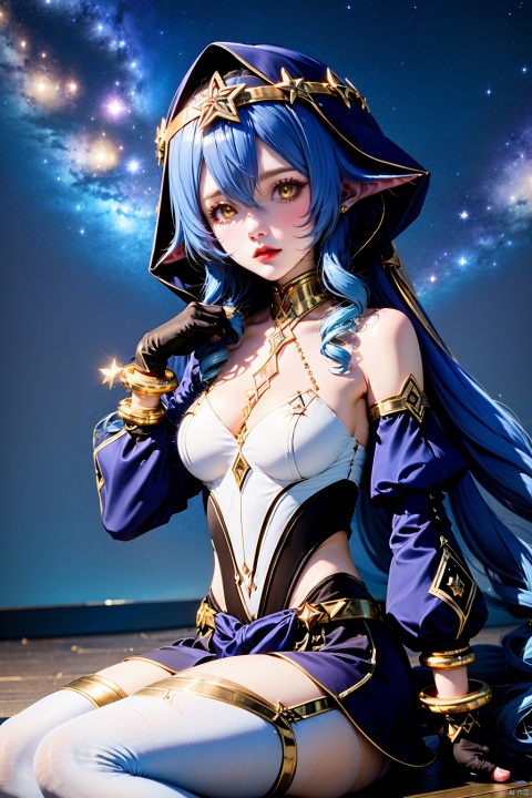 1girl, solo, layla \(genshin impact\), claw ring, breasts, gloves, long hair, blue hair, black gloves, pointy ears, blue hood, looking at viewer, sidelocks, sitting, thighlet, bare shoulders, yellow eyes, hair between eyes, detached sleeves, jewelry, very long hair, hood, drill hair, sky, parted lips, drill sidelocks, long sleeves, puffy sleeves, neck ring, medium breasts, star \(sky\), white pantyhose, hood up, starry sky, bracelet, thighhighs, skirt, black skirt, thighs, night, pantyhose, night sky, white thighhighs, arm support, hand up, juliet sleeves, bags under eyes, gold trim, lips, gold choker, twintails, twin drills, blue sleeves, puffy long sleeves, cleavage, red lips