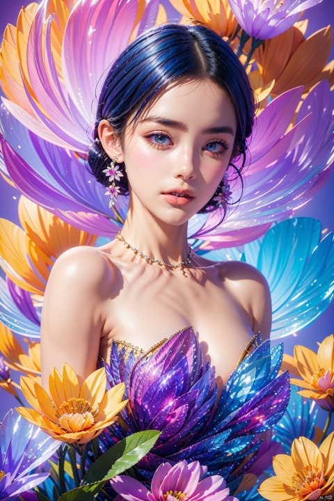 AgainRealistic_v2.0, 1girl, flower, solo, purple flower, yellow flower, dress, parted lips, black hair, looking at viewer, jewelry, earrings, bare shoulders, realistic, breasts, tulip, strapless, upper body, lips, strapless dress, white flower, blue hair, purple sky, blue flower, purple background, pink flower, orange flower, blue eyes, short hair, gem, collarbone, sky