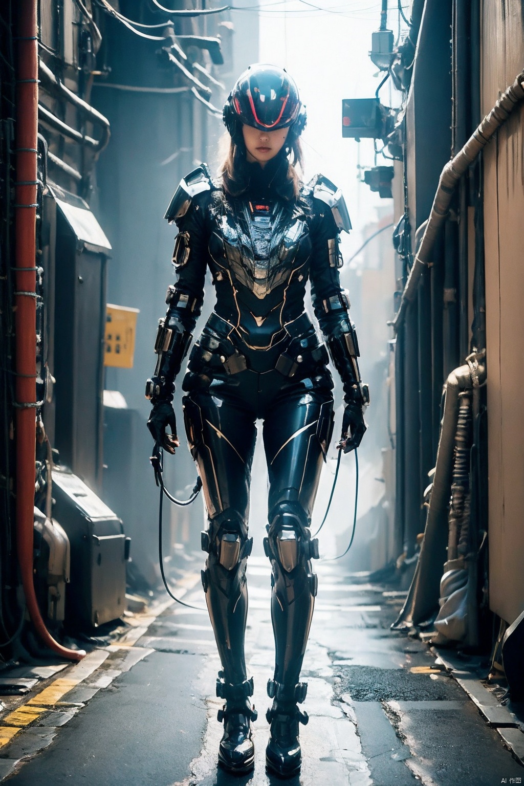 photorealistic,1girl,cyberpunk armor,helmet,(detailed face:1.2),full body,realistic, science fiction, helmet, cable, cyberpunk, lips, screen,