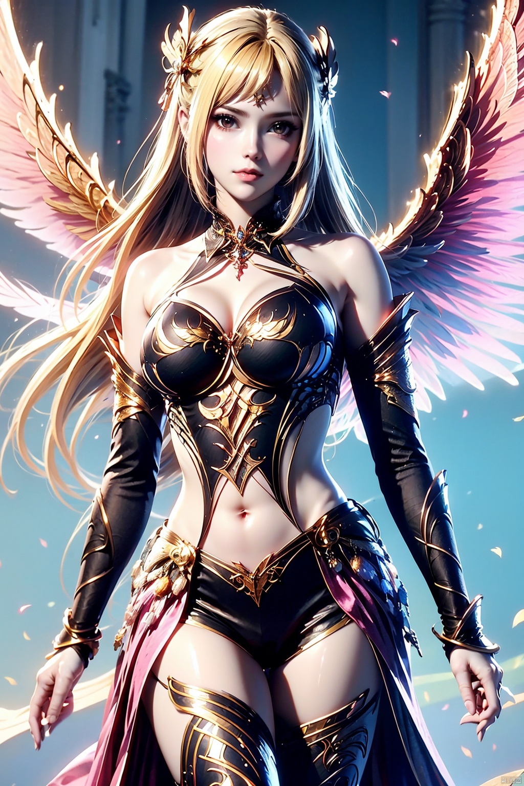 1girl, solo, blonde hair, long hair, breasts, navel, wings, looking at viewer, bare shoulders, hair ornament, armor, thighhighs, cleavage, closed mouth, detached sleeves, pink armored dress, angel wings, jewelry, feathered wings, cowboy shot,