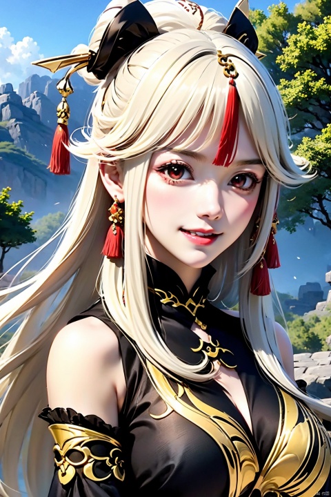 AgainAnimeLora2.8D,1girl,ningguang \(genshin impact\),portrait,solo,hair ornament,long hair,looking at viewer,white hair,outdoors,parted bangs,breasts,hair stick,parted lips,upper body,brown eyes,bare shoulders,lips,sky,makeup,dress,hairpin,sidelocks,tassel,red lips,jewelry,day,large breasts,black dress,eyelashes,smile,teeth,medium breasts,tree,looking to the side,red eyes,eyeshadow,cloud,frills,detached sleeves,earrings,very long hair,chinese clothes,tassel hair ornament,realistic,gold trim,