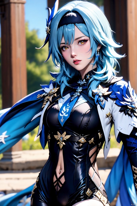 1girl, solo, eula \(genshin impact\), thighhighs, covered navel, blue hair, blue necktie, hairband, necktie, looking at viewer, black hairband, blurry background, black thighhighs, breasts, leotard, hair ornament, long sleeves, lips, blurry, blue cape, cape, medium hair, 