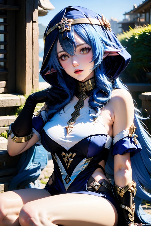 1girl, solo, layla \(genshin impact\), claw ring, breasts, gloves, long hair, blue hair, black gloves, pointy ears, blue hood, looking at viewer, sidelocks, sitting, thighlet, bare shoulders,
