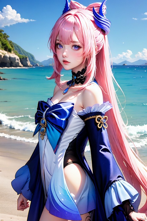 1girl, sangonomiya kokomi, solo, bow-shaped hair, pink hair, long hair, looking at viewer, multicolored hair, outdoors, vision \(genshin impact\), blue hair, breasts, bare shoulders, bow, blue eyes, sky, lips, blue bow, frills, day, detached collar, very long hair, closed mouth, detached sleeves, frilled sleeves, dress, blue sky, wide sleeves, colored tips, purple eyes, cloud, hair ornament, long sleeves, cleavage, gradient hair, lace-trimmed choker, choker, from side, sidelocks, beach, waves, ponytail, blunt bangs, medium breasts, off-shoulder dress, blue horns, blue gemstone, small breasts, upper body, off shoulder, two-tone hair, bowtie, mountain, cowboy shot, pink lips