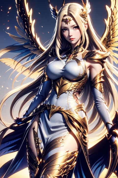 portrait, 1girl, solo, blonde hair, long hair, wings, looking at viewer, hair ornament, armor, thighhighs, closed mouth, detached sleeves, white armored dress, angel wings, jewelry, feathered wings,