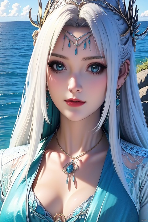 1girl, white hair, breasts, portrait, solo, dress, earrings, jewelry, hair ornament, necklace, outdoor, sea