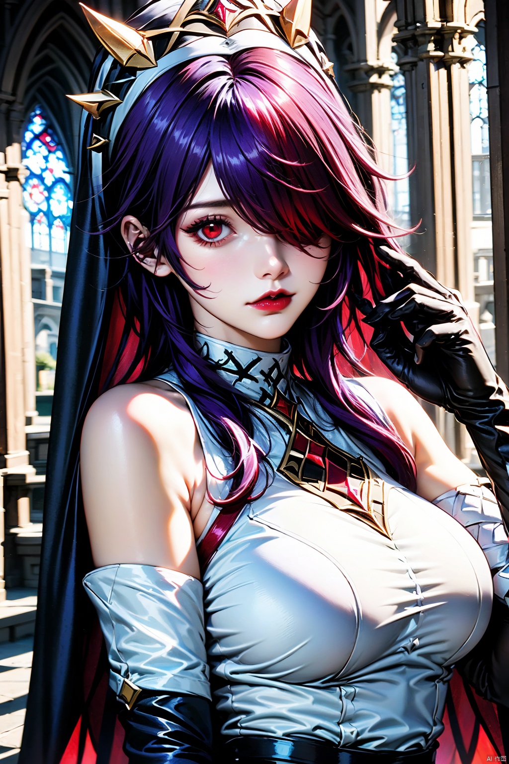 AgainAnimeLora2.8D, 1girl, rosaria \(genshin impact\), solo, gloves, breasts, looking at viewer, hair over one eye, red hair, bare shoulders, red eyes, white gloves, upper body, elbow gloves, nun, lips, purple hair, habit, red lips, multicolored hair, church, detached sleeves, large breasts, streaked hair, veil, long hair, sleeveless, claw ring, medium breasts, closed mouth, parted lips, hand up, dress, makeup, indoors, purple eyes, stained glass, multicolored headwear, lipstick, two-tone dress