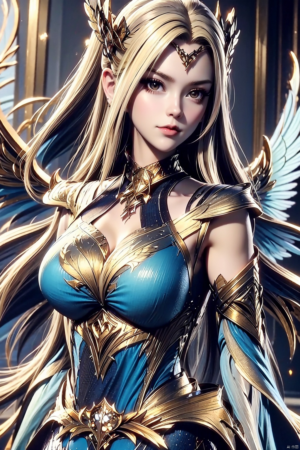 portrait, close up, 1girl, solo, blonde hair, long hair, wings, looking at viewer, hair ornament, armor, thighhighs, closed mouth, detached sleeves, white armored dress, angel wings, jewelry, feathered wings,